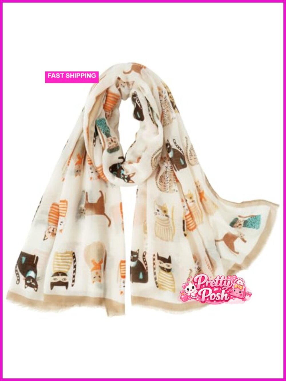 Lightweight Voile Cat Print Oversized Shawl Wrap Tassel Scarf